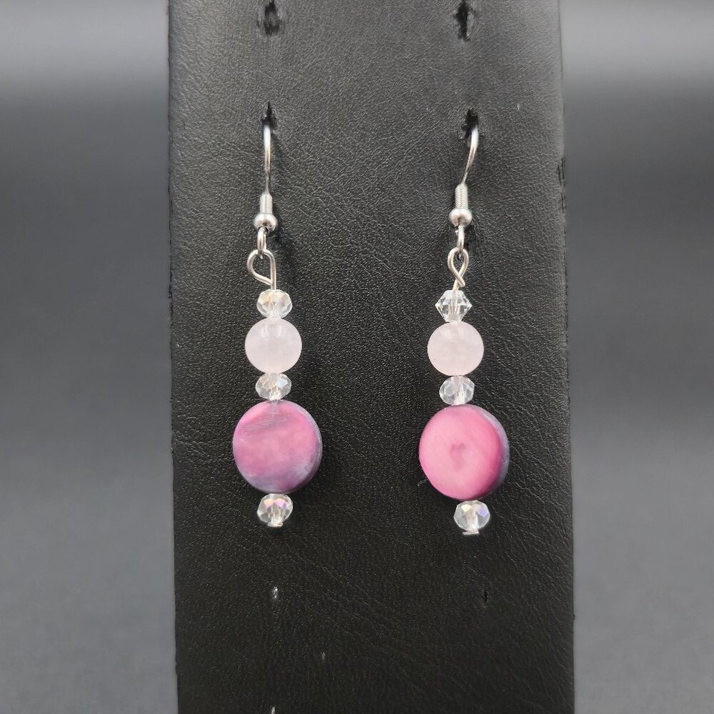 Silver Plated Over Copper Rose Quartz And Shell Earrings A6911